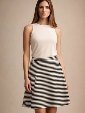 MERONA Black White Striped Skater Skirt M Stretch Casual Chic